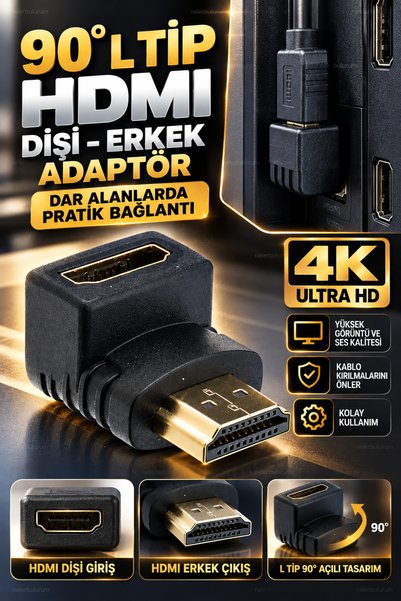 nelerbulurum محول HDMI بزاوية 90 درجة، ذكر وأنثى، لتحويل اتجاه الكابل، يدعم د...