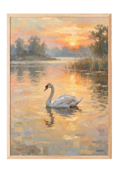 Postifull Swan Floating on a Lake Poster – Wooden-Framed Artwork No. 160577