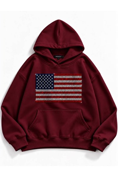 Mad&Calf Hanorac oversize cu glugă pentru femei, cu imprimeu cu steagul SUA