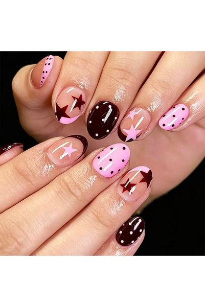 Choice Style 5 24PCS Blue Brown False Nails Star Polka Dot Press On Nails Fal...