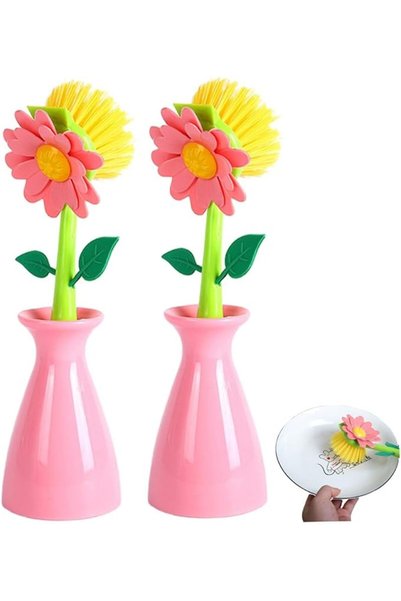 TERRIFI Premium 2-Pack Dish Brush and Holder Set, Long Handle Non-Scratch Kit...