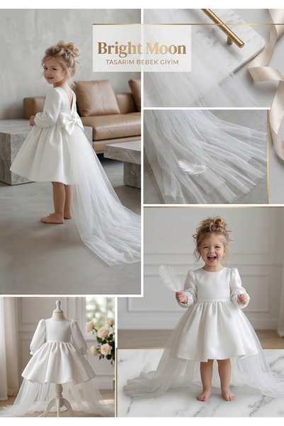 bright moon Girls' Dress with a Bow Detail on the Back and a Tulle Train