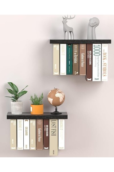 GENERAL 2-Piece Wall Mounted Hanging Bookshelves, 6.5 Inch Deep Black Wood Di...