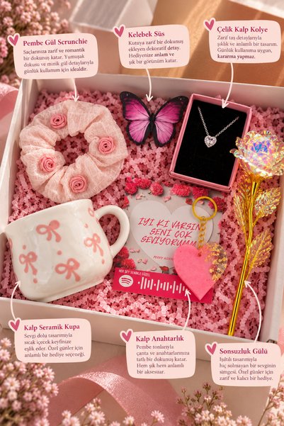 Perry Accesories kararmaz çelik kolye ve fiyonk kupa ve pembe güllü toka ve sonsuzluk gülü ve anahtar set