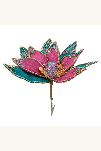 Comerivo Craciunita decorativa cu clips, petale fucsia si verde smarald cu pa...