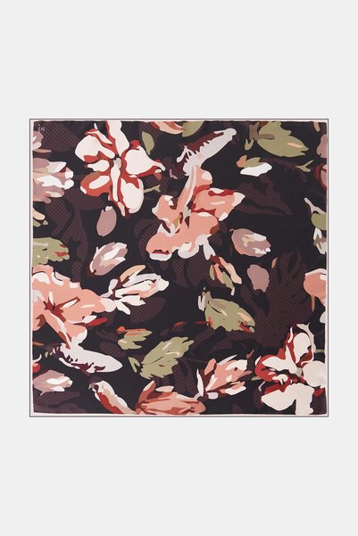 Kayra Abstract Floral Print Silk Twill Scarf, Mocha