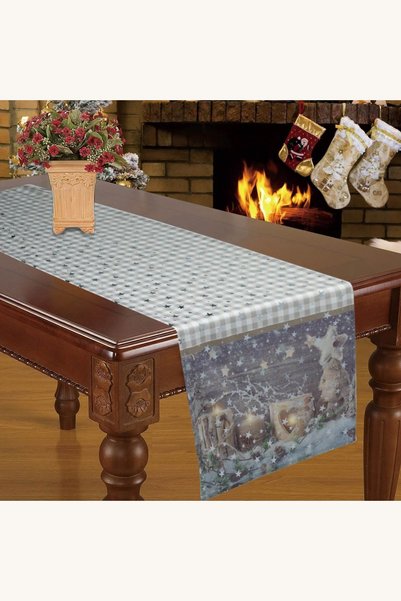 Comerivo Traversa decorativa Craciun gri cu carouri si stele argintii din fol...