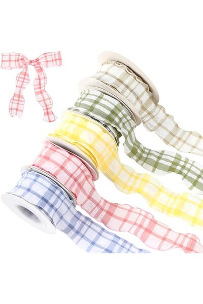 SYOSI Gingham Ribbon Set 5 Rolls Pastel Plaid Seersucker Ruffled Edge Fabric ...