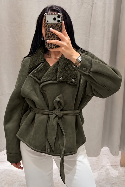 MANMARK Women's Suede Winter Jacket with Fur-Lined, Belted Design