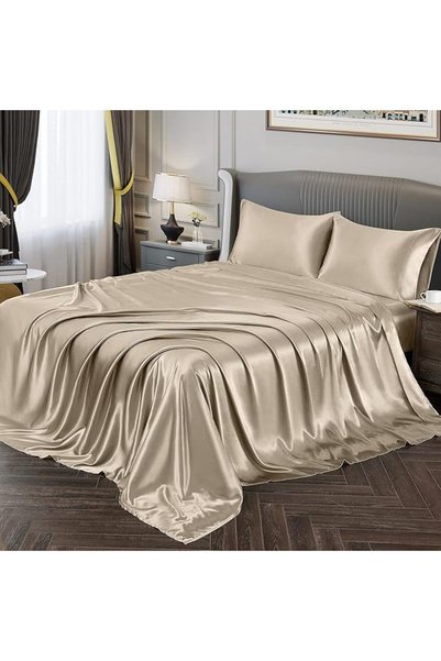 GENERAL Fontei Soft Silky Satin Full Size Bed Sheet Set, Beige Amber, 1 X Fit...