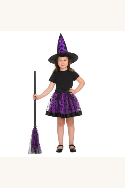 Comerivo Costum Halloween fetite: fusta tutu mov cu vrajitoare, palarie neagr...