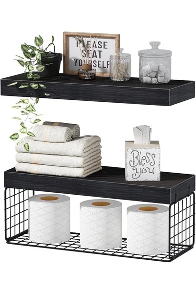 ALMEKAQUZ Black Floating Shelves, Wall Mounted Storage Shelf, Over Toilet Org...