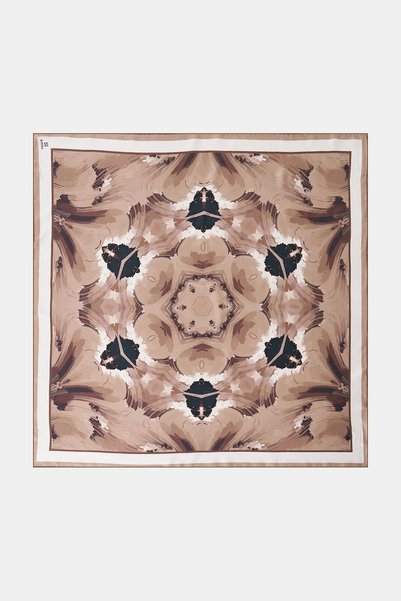 Kayra Ebru-Effect Silk Twill Scarf in Taupe Color