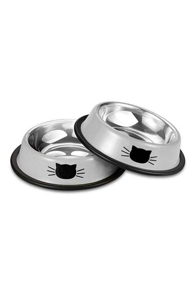 RUBIK 2-Piece Stainless Steel Cat Feeding Bowls Grey 5.9x1.4x4.7cm