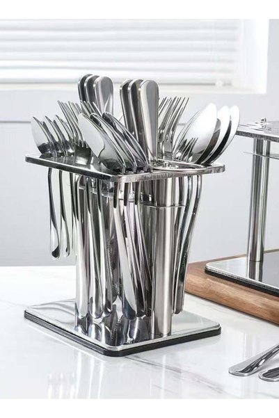 wowofa 24 Piece Silver Stainless Steel Cutlery Set with Stand for 6 People, D...