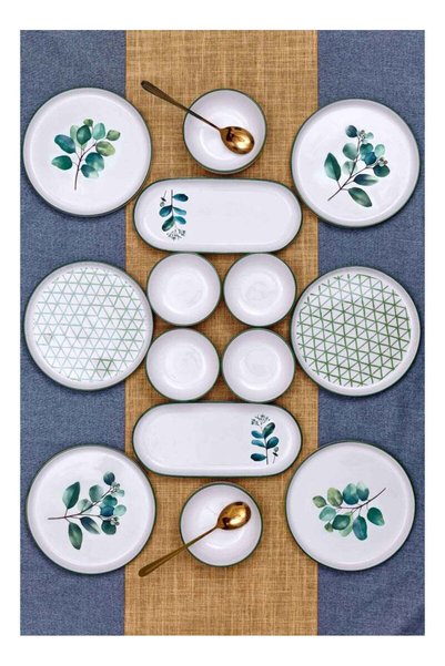 Noon East 14 Piece Porcelain Breakfast Set | Serves 6 | 6 Salad Plates, 2 Ova...