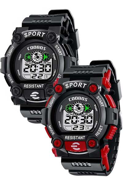 Coobos 2 Pack Kids Water Resistant Rubber Digital Watch Boy's Watch Black/Yellow