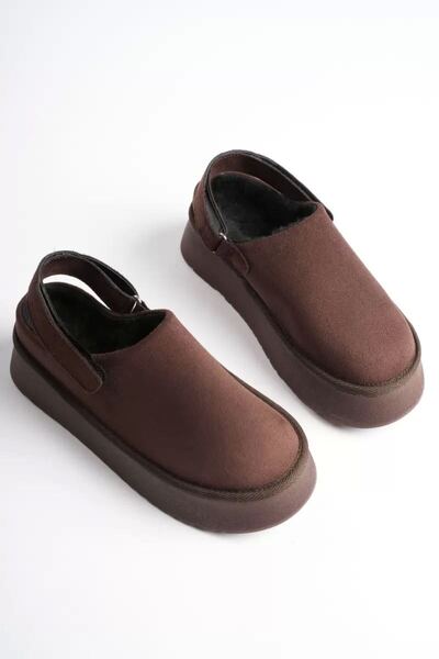 Generic Brand Women's dark brown suede winter slippers with fur lining, back strap, and 5cm thick sole tr04mk06d