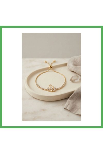 Nur store Çanta Gold-Colored Brass Swan-Shaped Bracelet with Zircon Stones an...