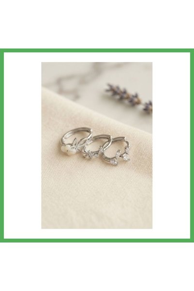 Nur store Çanta طقم من 3 أزواج من الأقراط النسائية بتصميم زهرة، لون فضي، من B...