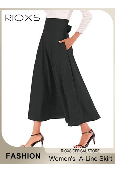 RIOXS Women's A-Line High Waist Skirt, Casual Pleated Slim Fit Lace Up Maxi S...