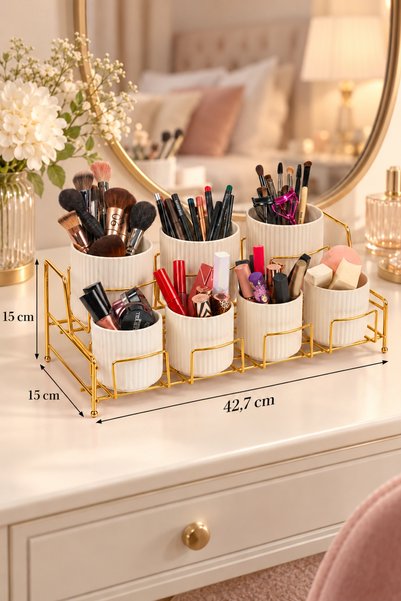 Edora Home Shiny Gold 7-Compartment White Porcelain Jar with Bamboo Lid and M...