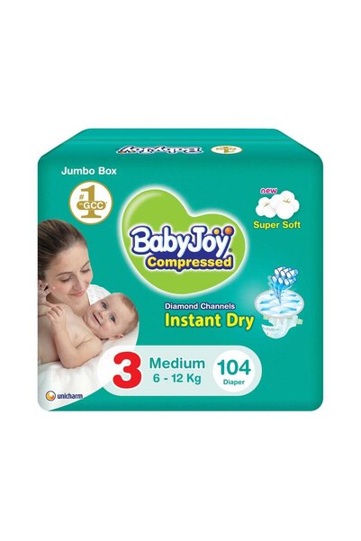 BabyJoy حفاضات مضغوطة ماسية، مقاس 3، متوسطة، 6-12 كجم، صندوق جامبو، 104 حفاضة