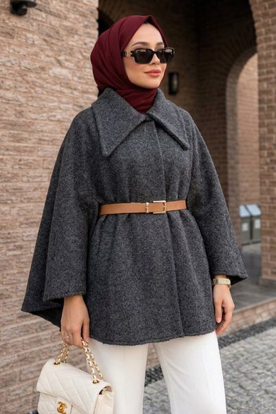 N.S NEVA STYLE بونشو حجاب بياقة واسعة ومشبك ذهبي، لون رمادي داكن، 55022FU