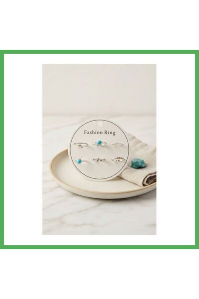 Nur store Çanta طقم خواتم من 6 قطع، لون فضي، مزين بحجر أزرق، موديل BYK4306 من...