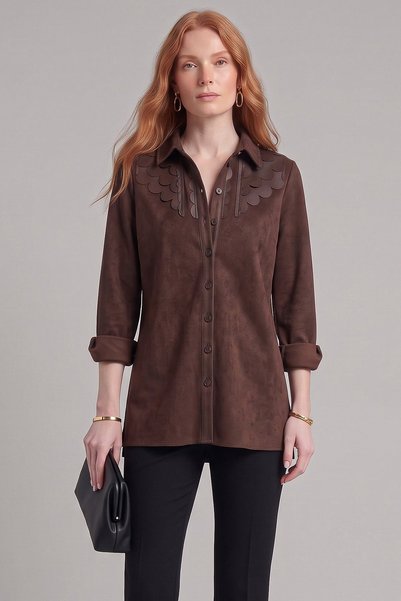 Kayra Leather-Detailed Suede Tunic, Brown