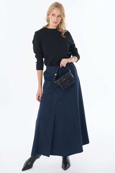 KYR High-Waisted Suede Skirt, Navy Blue