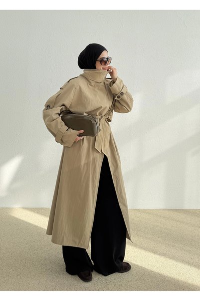 MODA AKSA 9781 SELECTİON - UZUN PREMİUM OVERSİZE TRENÇKOT TAŞ