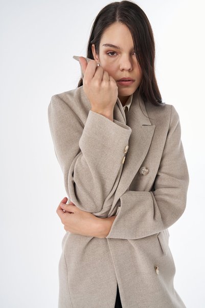 Kayra Double-Breasted Wool Coat in Taupe Color