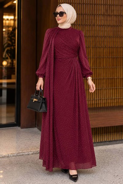 N.S NEVA STYLE Dark Burgundy Modest Evening Gown with Cape Detail 4875KBR