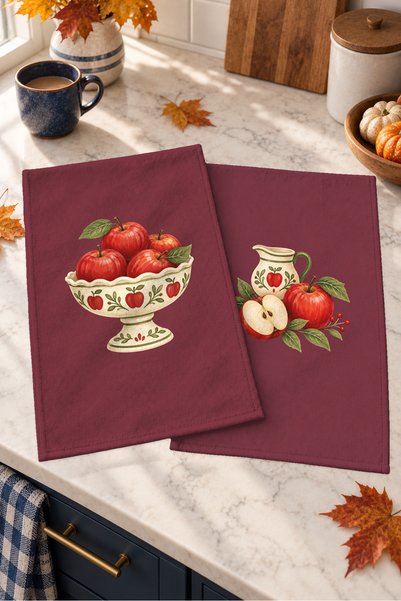 Evmila Apple and Bowl Burgundy-Patterned Fall Digitally Printed 2-Piece Kitch...