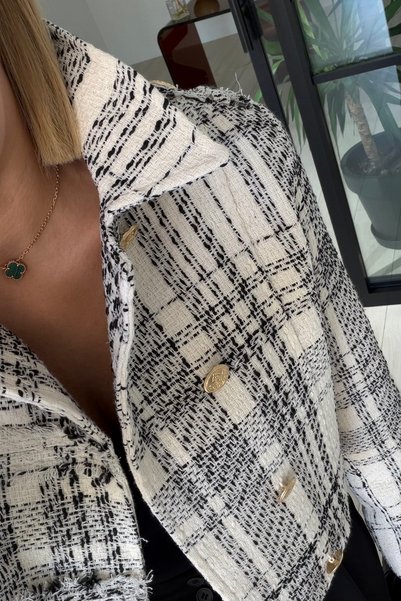 Sezgi Tekin Mock Neck, Epaulet, Ecru Checkered Tweed Jacket