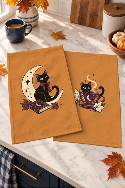 Evmila Moonlit Cat: Cat and Moon Mustard Yellow Patterned Fall Decorative 2-P...