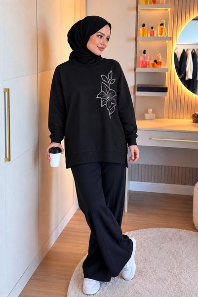 UnikaBoutigue Kadın Çiçek Taş İşlemeli Sweatshirt Tunik