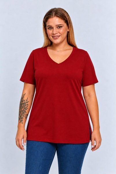 Seamoda Plus Size V-Neck Slit Cotton Basic T-Shirt - RED