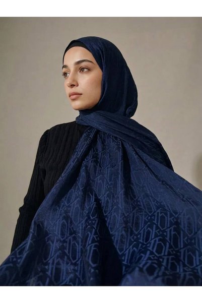 Generic Brand Navy Blue Shawl with Ethnic Monogram Pattern