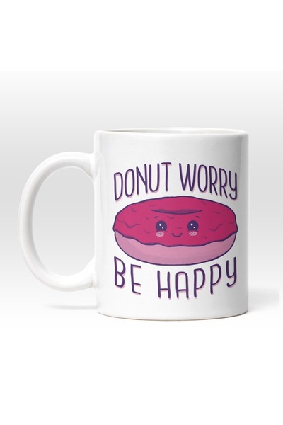 INOVATIX Personalized white mug, Donut Worry Be Happy, Pink Glazed Donut With...