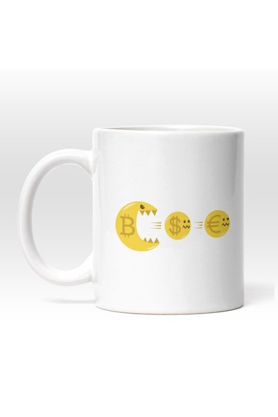 INOVATIX Personalized White Mug, Bitcoin Coin Eating Dollar Coin And Euro Coi...