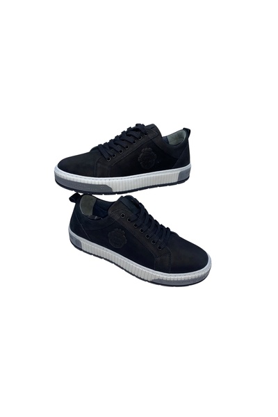 SULA MEN'S LACE-UP LEATHER NUBUCK BLACK LEATHER-LINED CASUAL SHOES WITH STITC...