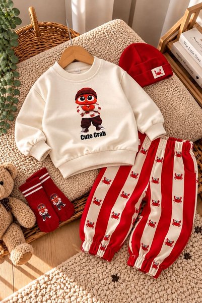 Minigimin Cicileri 4-Piece Baby Boy Set with Crab Print - Red