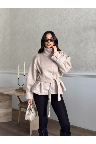 VESS MODA Wide Fit Gathered Back Belted Sukuba Suede Jacket