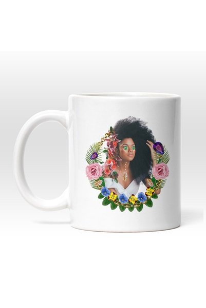 INOVATIX Cana alba personalizata,Portret Femeie Par Cret,Make Up Turcoaz,Flor...