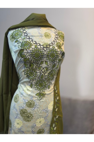 LAVEN Emirati Soft Silk Khimar Fabric with Heavy Embroidery on Chest and Slee...