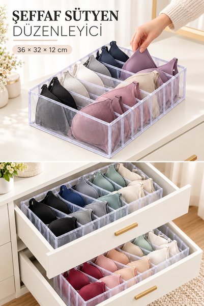 MorBebe 8 Bölmeli Şeffaf Sütyen Düzenleyici Organizer 36x32x12 cm