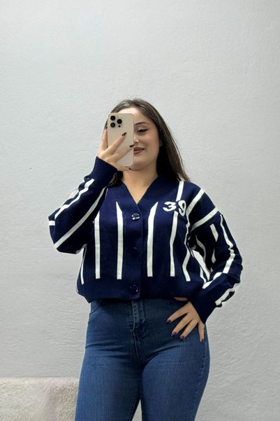 BELENDİR Women's Striped Knitwear Cardigan Navy Blue