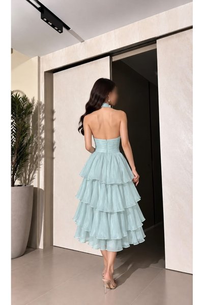 BAKLAFASHO Layered Draped Halter Neck Backless Midi Evening Dress